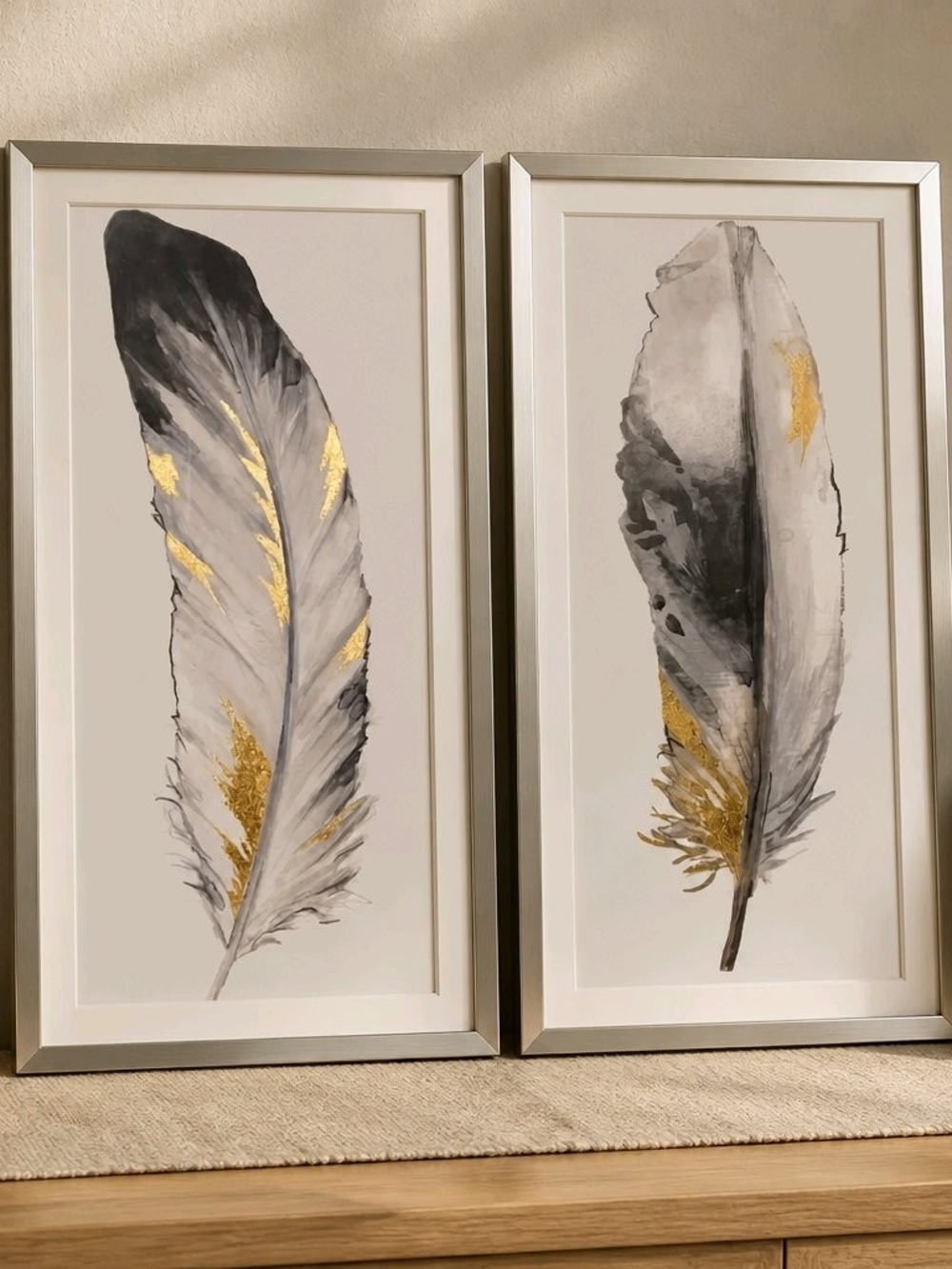 Set of 2 Feather Wall Art Prints in Gray and Gold